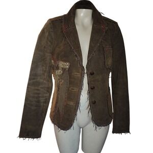 RAW Vintage Distressed Brown Suede Leather Blazer Jacket Applique Buttons M sexy